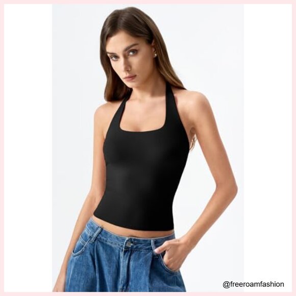 Double Lined Halter Tank Top Sleeveless Open Back Slim Fit Summer - Picture 3 of 7